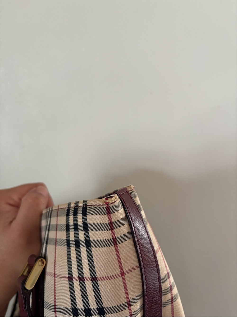 Plaid Canvas Tote Bag with Brown Leather Trim - Picture 6 of 14